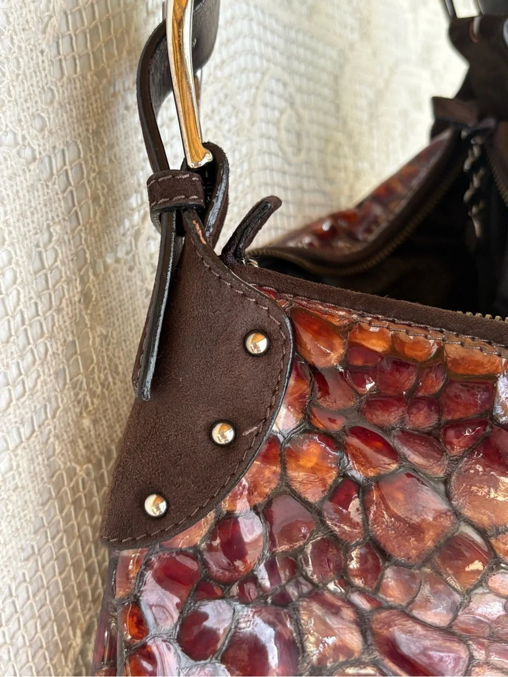 Donald J. Pliner Brown Suede  Crocodile Embossed Hobo Shoulder bag